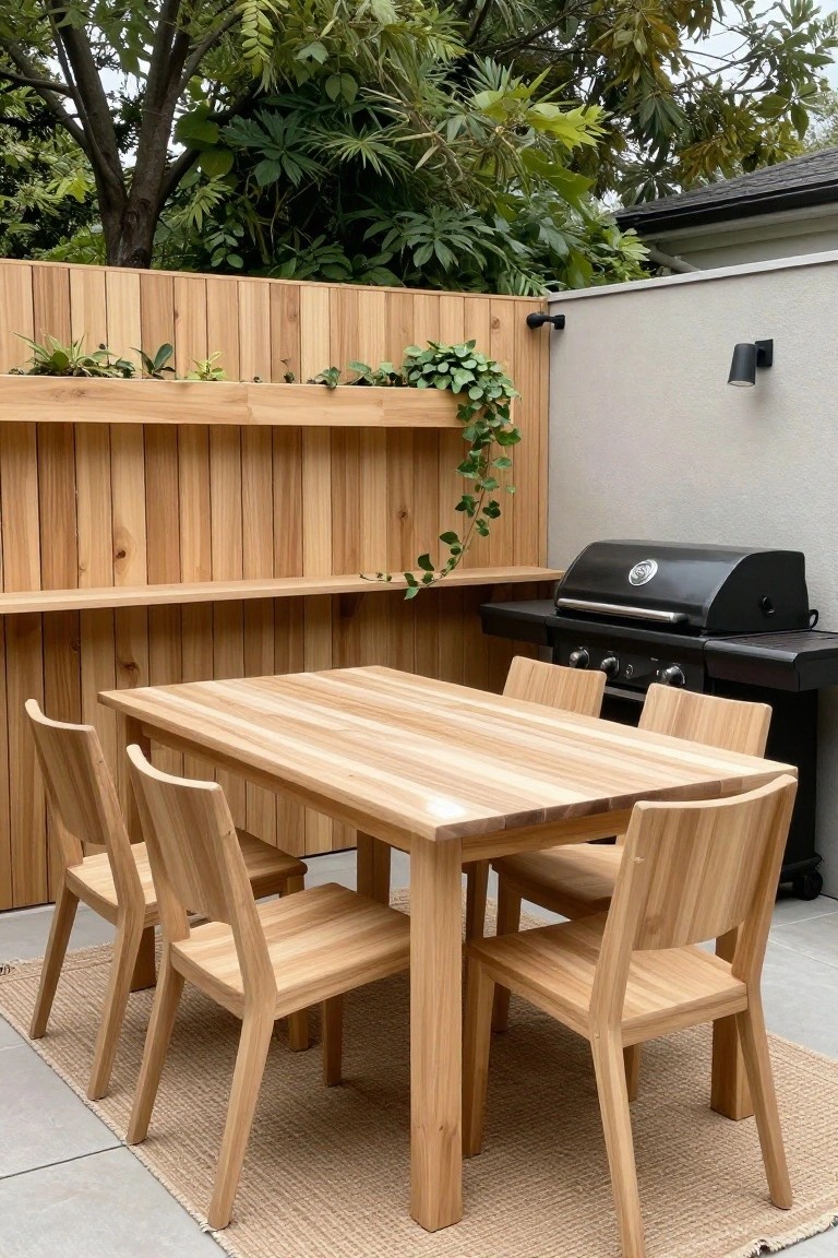 A light wood outdoor dining table with matching chairs sits on a woven rug in front of a tall wood privacy fence with a long built-in planter box holding green plants and trailing vines.