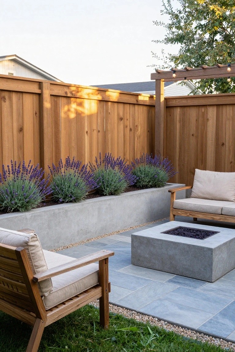 Backyard patio with wood privacy fence, concrete raised planter filled with lavender, square concrete fire pit, and two wooden lounge chairs with beige cushions on stone pavers.