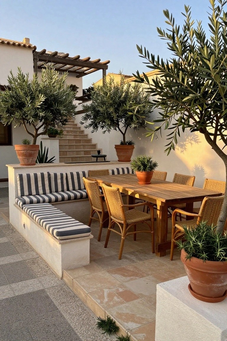 An outdoor patio dining area with a wooden table, woven chairs, a built-in bench with striped cushions, and several large olive trees in terracotta pots against white walls.