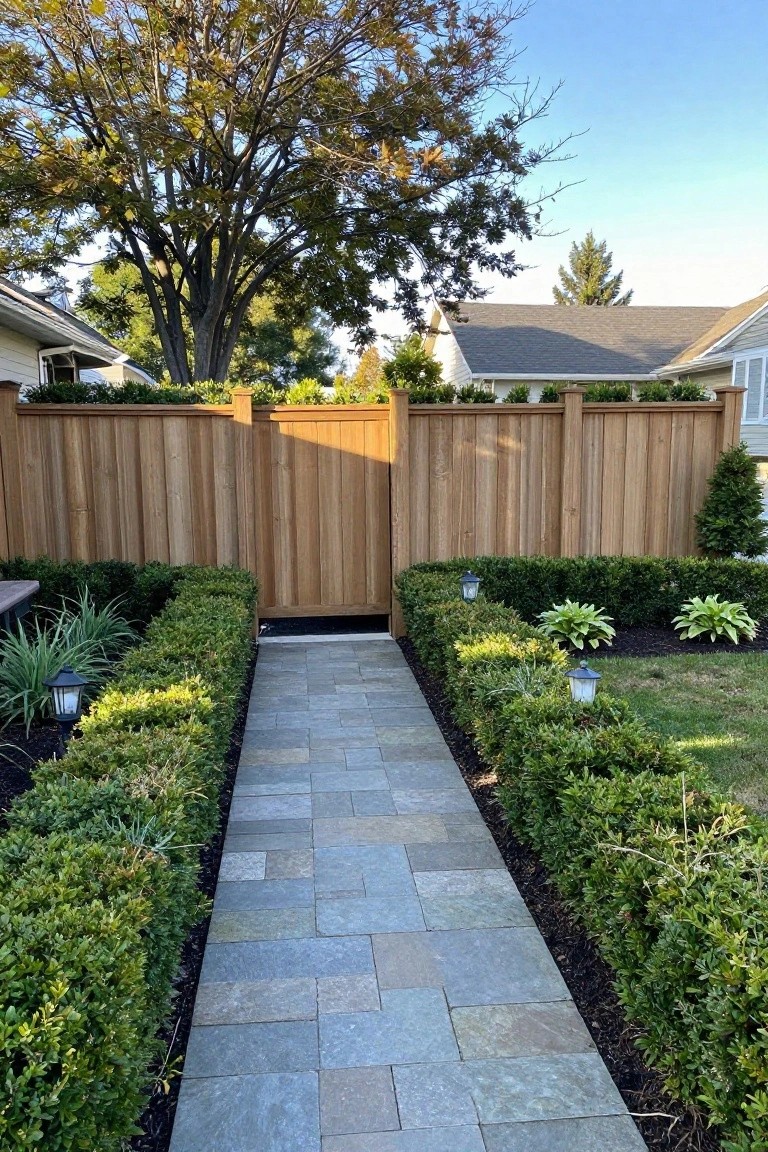 Stone path lined with hedges and lanterns leads to wooden backyard gate