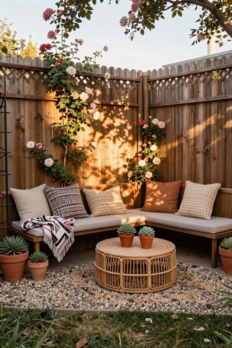 A wooden privacy fence with lattice top and climbing roses behind an L-shaped bench on a gravel patio with potted succulents.