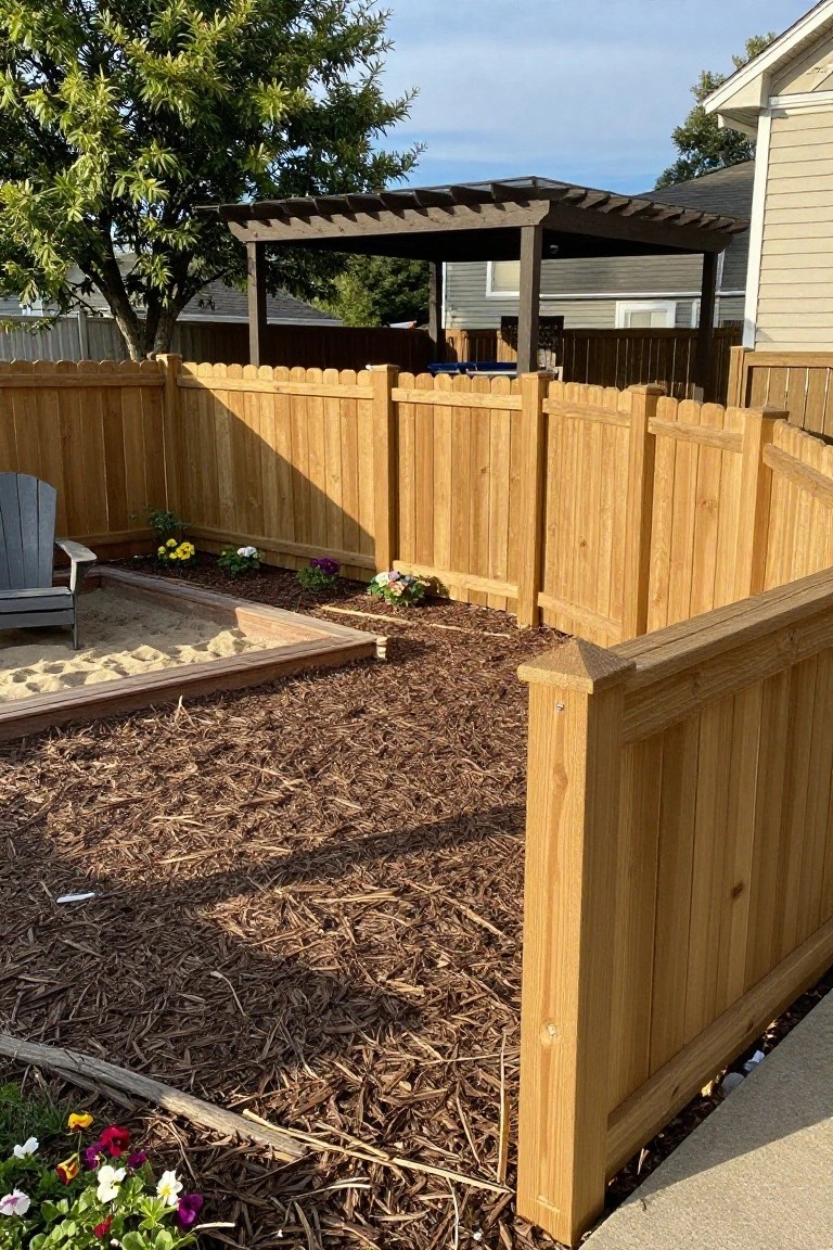 Wooden fenced backyard with sandbox, mulch, flowers, chair, and pergola