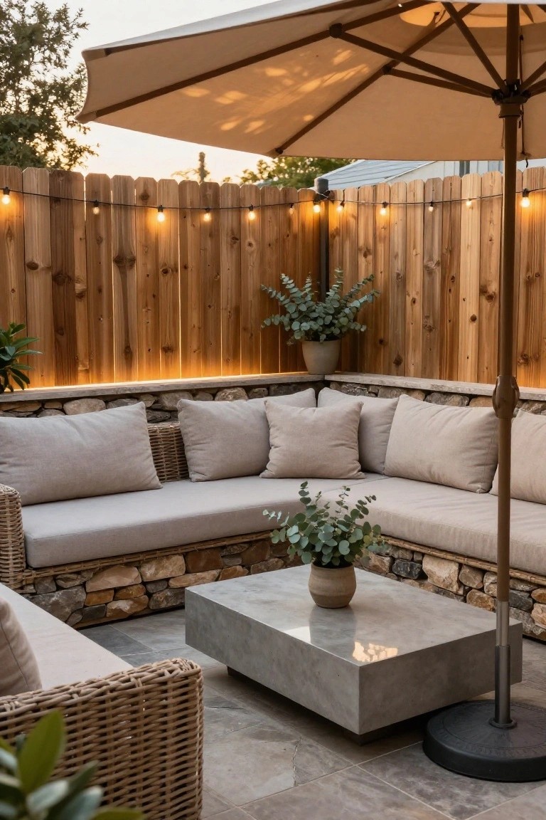 A wooden privacy fence with string lights strung along the top borders a stone and wicker outdoor seating area with cushions and a concrete coffee table.