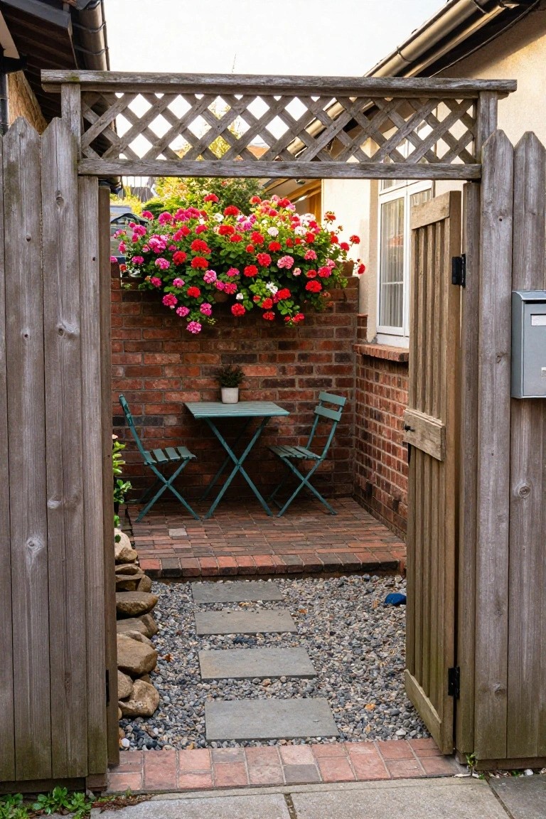 A wooden fence with an open gate frames a small brick patio holding a green table and two chairs, with bright flowers above on a lattice structure.
