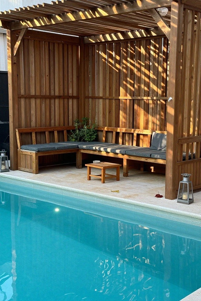 Wooden pergola with vertical plank walls and built-in benches beside a swimming pool.