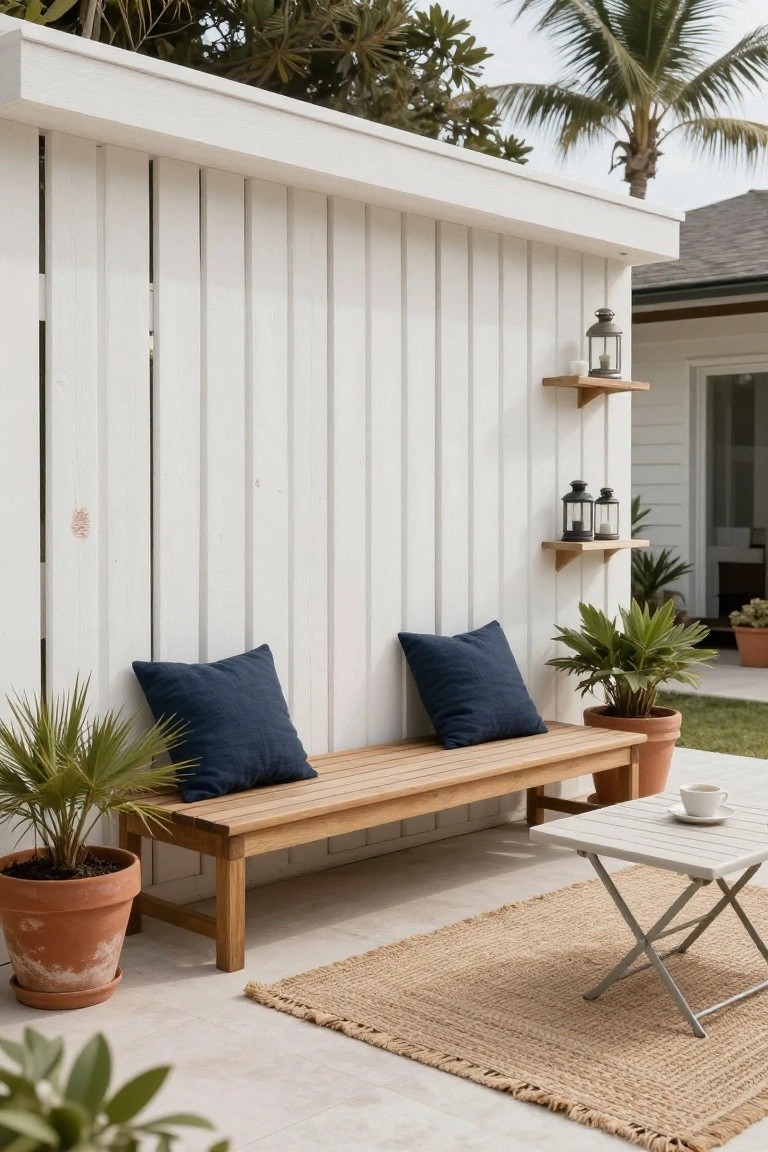 A white vertical wood fence with a wooden bench holding two blue cushions, potted plants on both sides, and a small table on a woven rug in front.