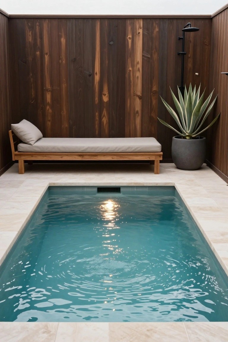 A rectangular plunge pool with rippled turquoise water is set against a tall vertical wood fence wall, with a wooden daybed and a large potted plant to the side.