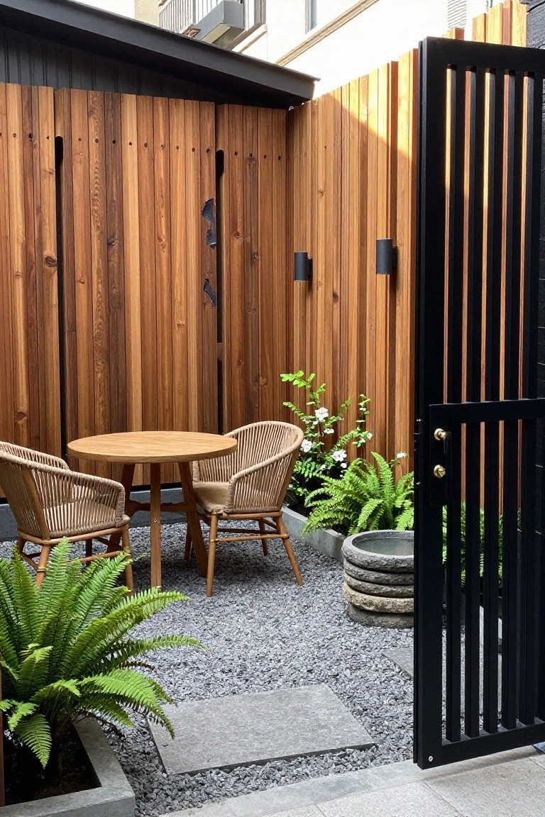 A small gravel courtyard enclosed by tall vertical wood fencing with a black slatted gate open on one side, a round wood table with two woven chairs, ferns in planters, and a stone water basin.