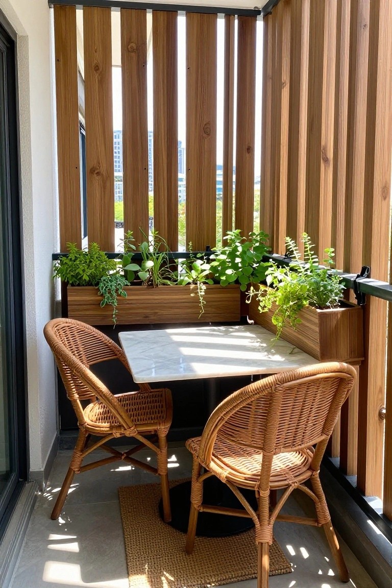 Two wicker chairs at marble table on sunny balcony with wooden planters.