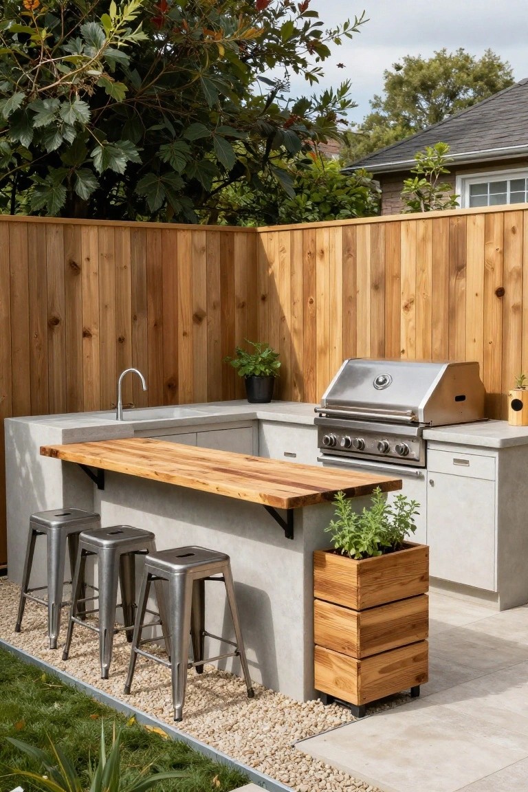 An outdoor kitchen area with a concrete counter, wooden bar top, stainless steel grill, three metal stools, and a tall wooden privacy fence in the background.