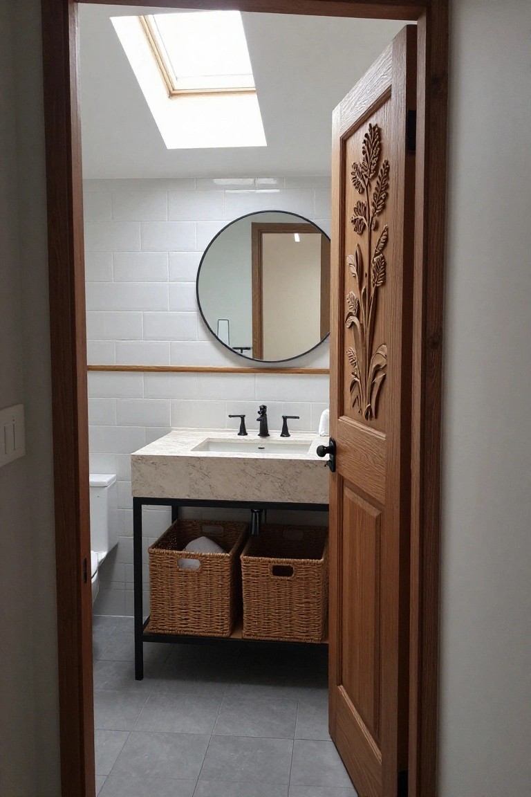 Open carved wooden door with leaf and stem motifs leading into a bathroom with a marble vanity, round mirror, and two wicker baskets underneath.