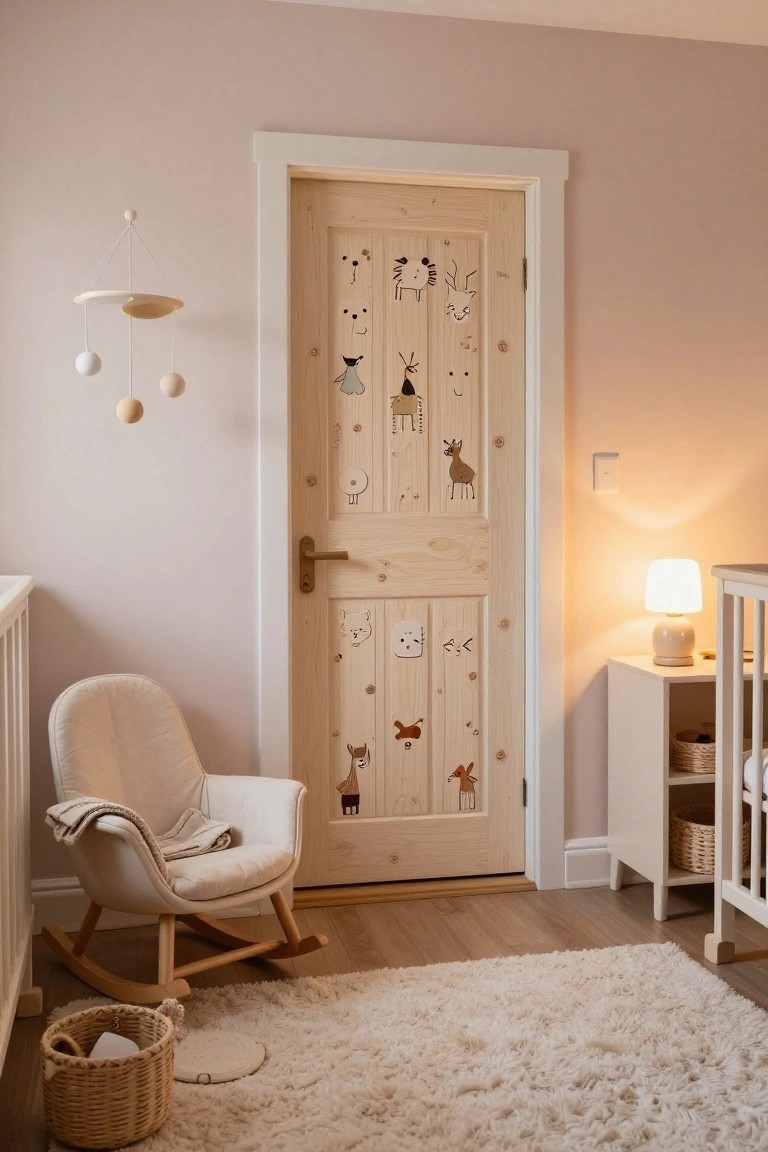 Cozy nursery with animal-decorated wooden door, rocking chair, and fluffy rug.