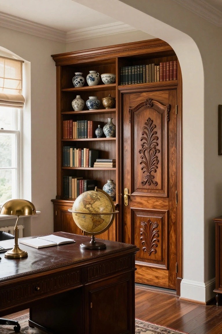 A wooden carved door stands beside built-in bookshelves filled with books and ceramic vases in a home office with a desk and globe in the foreground.