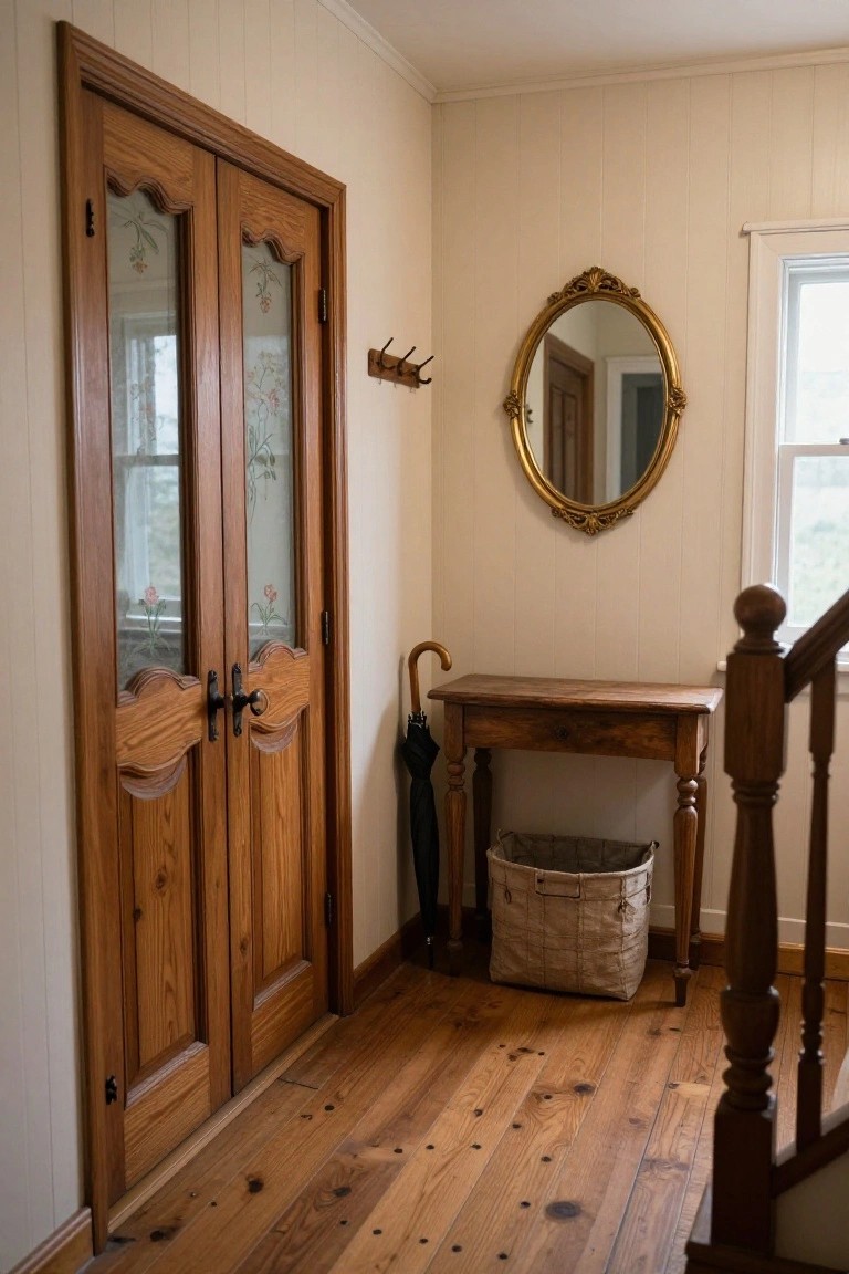Double wooden doors with carved panels and floral glass stand open in a light-colored hallway with wood floors, a small console table, and an oval mirror on the wall.