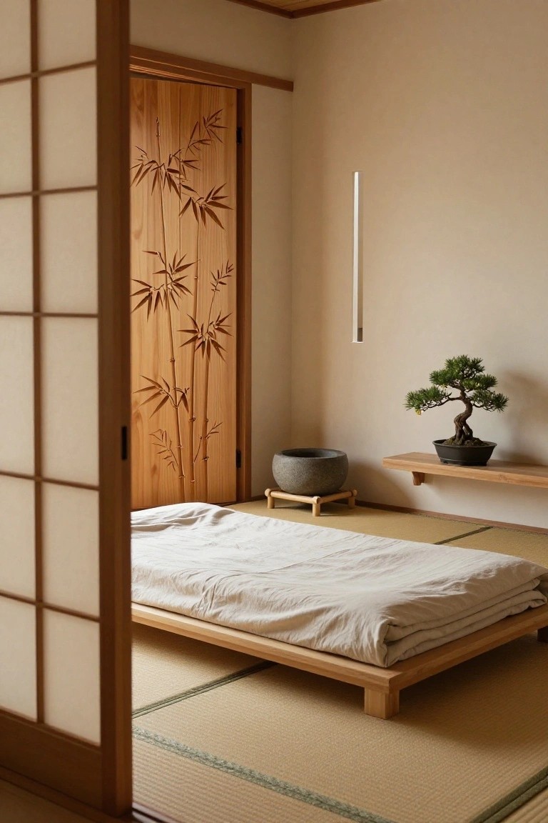 A Japanese-style bedroom with a light wood sliding door carved with bamboo stalks, a low platform bed on tatami mats, and a bonsai tree on a wall shelf.