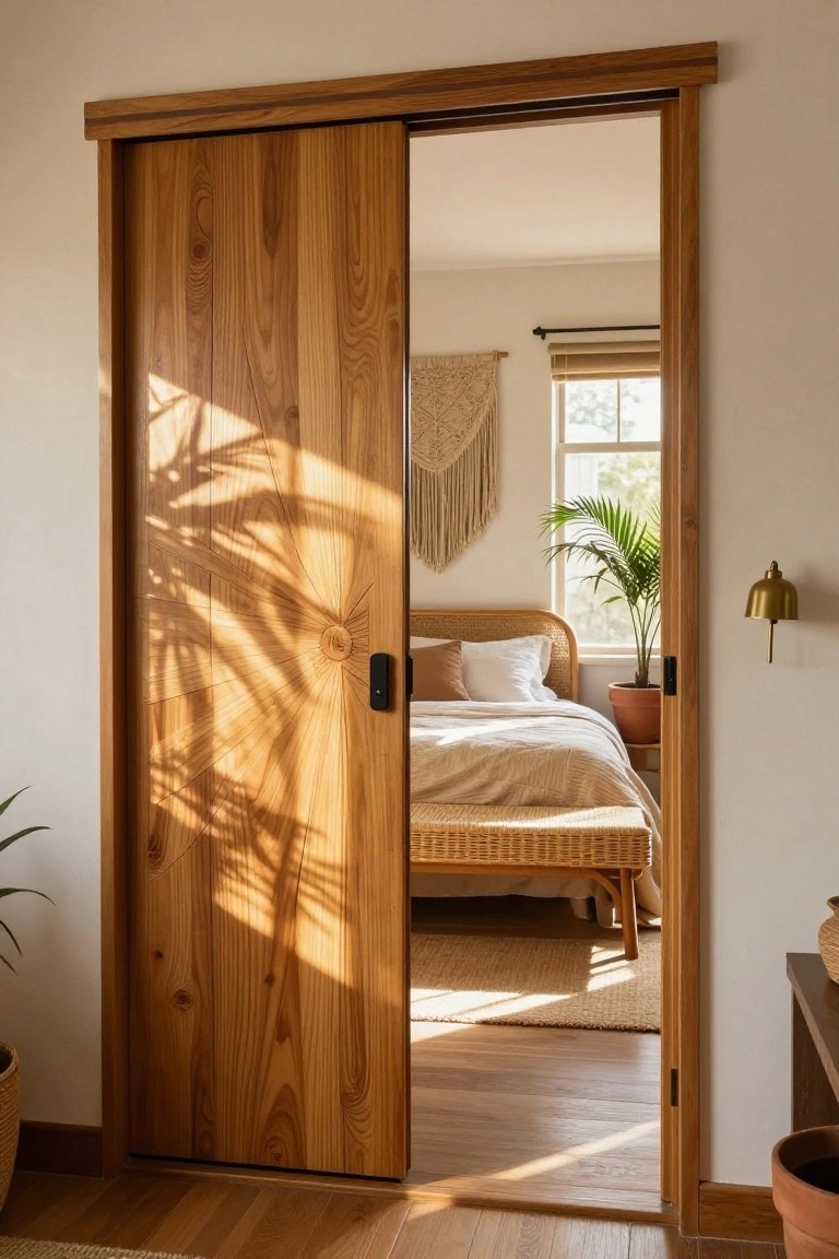 Sunlit wooden sliding door partially open to cozy bedroom with wicker bed