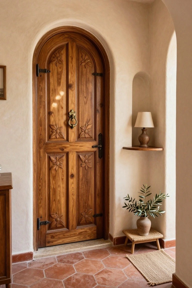 An arched wooden door with carved floral motifs stands in a room with terracotta tile flooring, beige walls, and a small woven stool holding a potted plant.