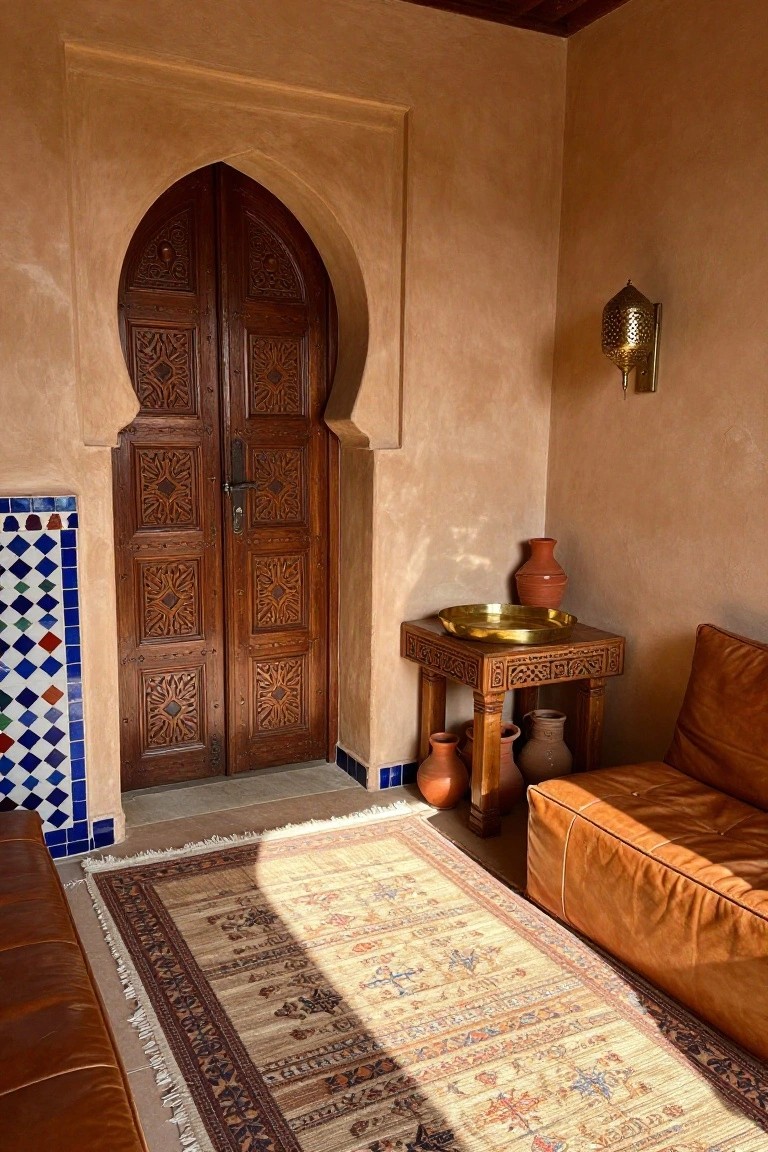 Interior view of a room with carved wooden double doors in an arched frame, a patterned rug on the floor, and leather seating nearby.