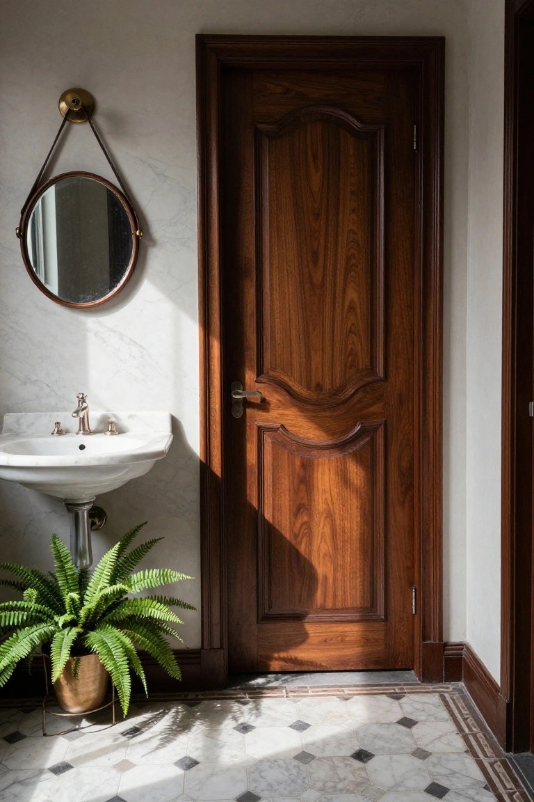 A dark carved wooden door next to a white marble sink with a round mirror and a potted fern on patterned tile flooring.