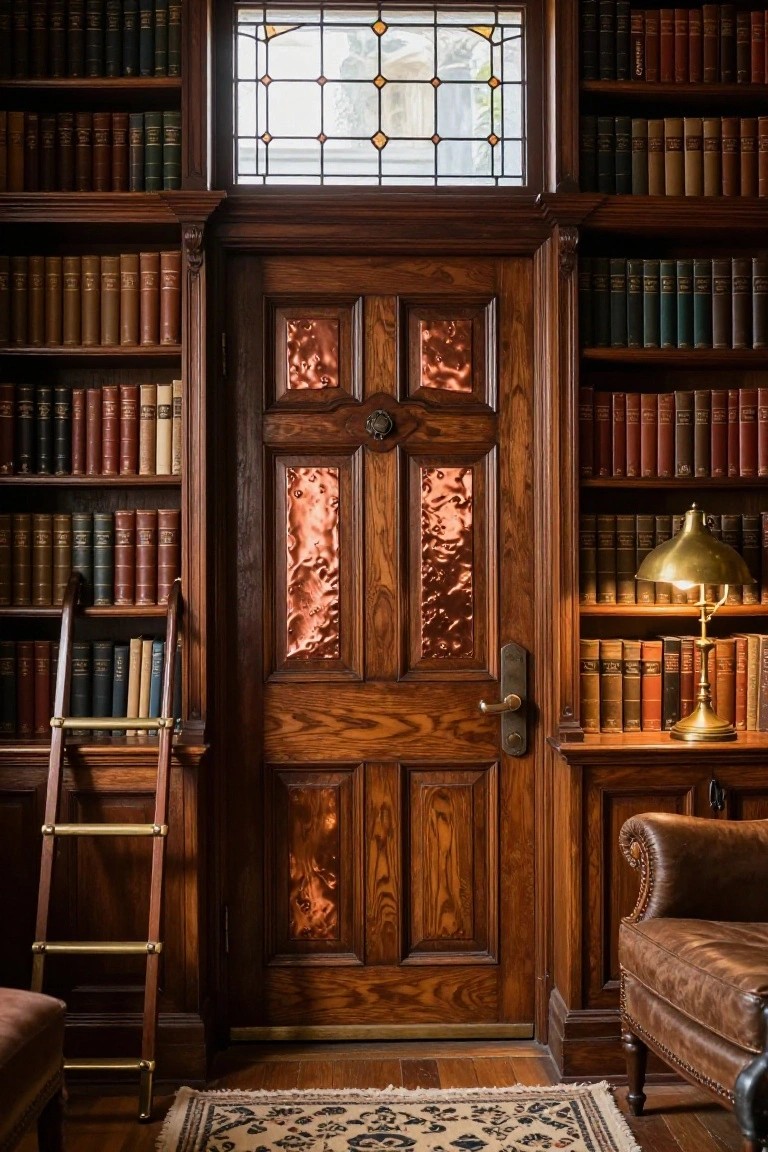A wooden door with hammered copper panels is centered between built-in bookshelves in a library room with a ladder and leather chair.