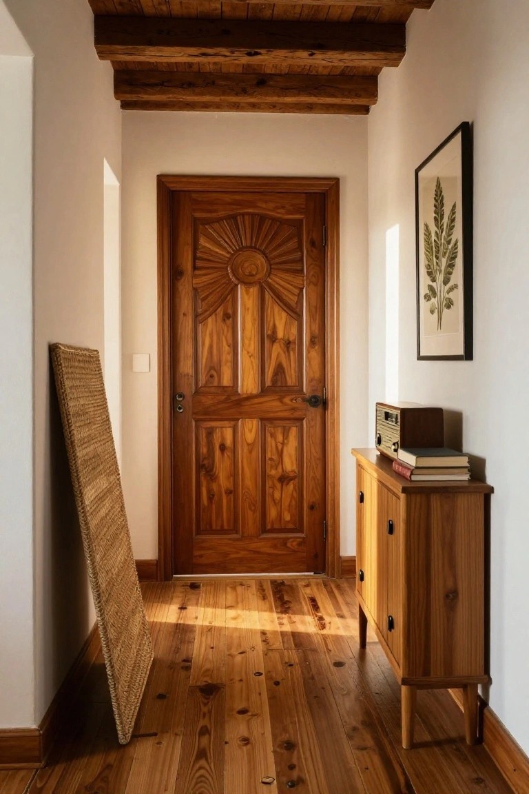 Wooden hallway with sunburst-carved door, woven mat, and cabinet holding radio and books