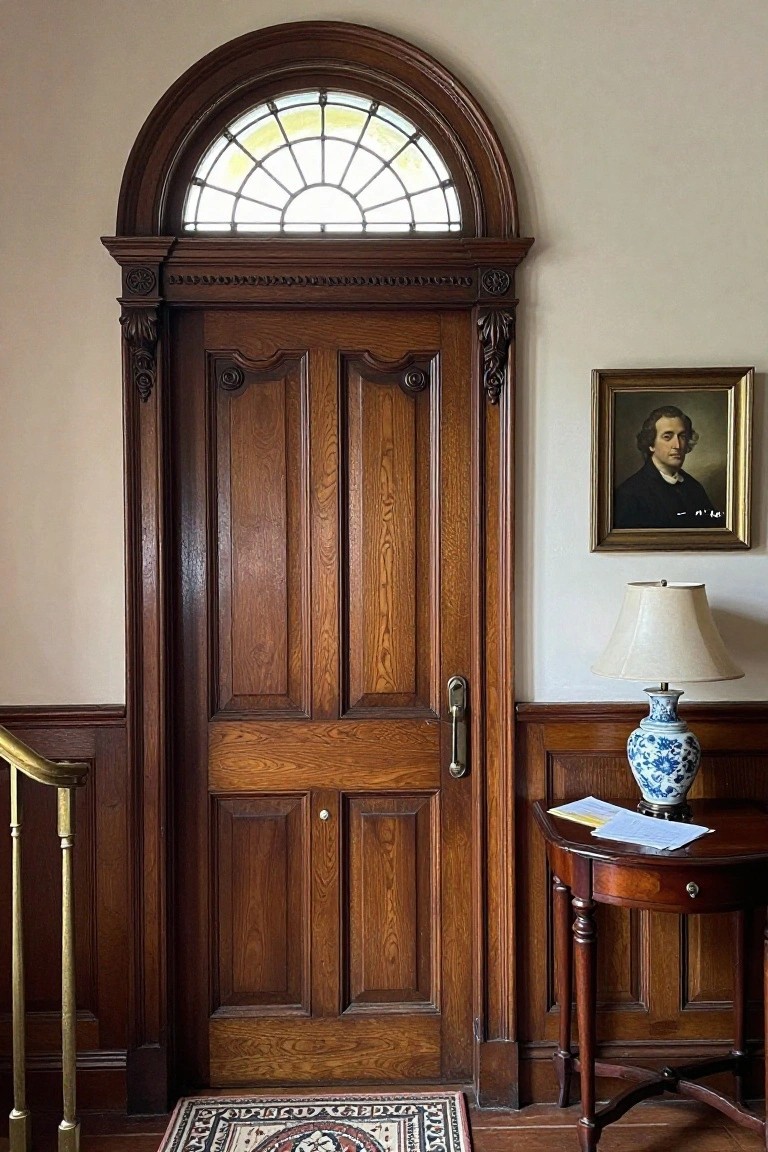 Ornate wooden door with fanlight window beside portrait and lamp table in foyer
