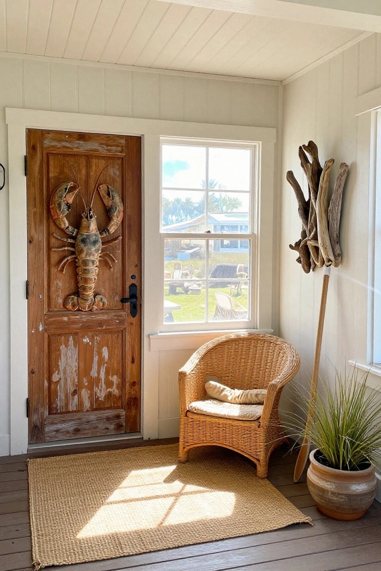 A weathered wooden door with a large carved lobster stands beside a window on a porch with a wicker chair and jute rug.