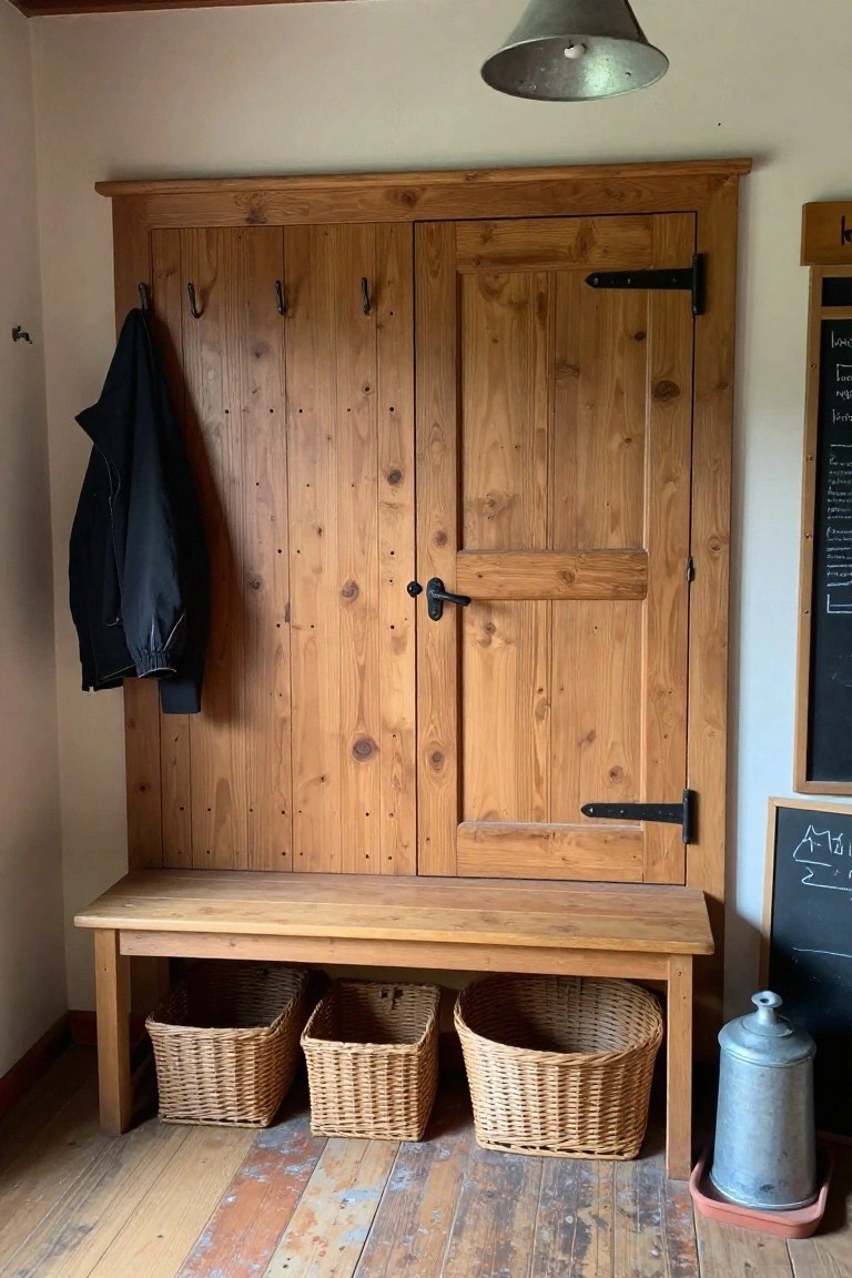 Wooden entryway bench with coat hooks, hanging jacket, wicker baskets, and chalkboard.