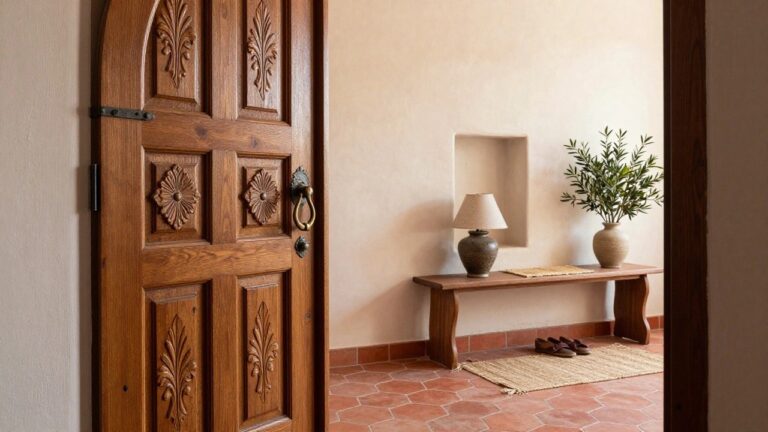 15 Timeless Carved Wooden Door Designs Featuring Traditional Artisan Details An arched wooden door with carved floral motifs stands in a room with terracotta tile flooring, beige walls, and a small woven stool holding a potted plant.