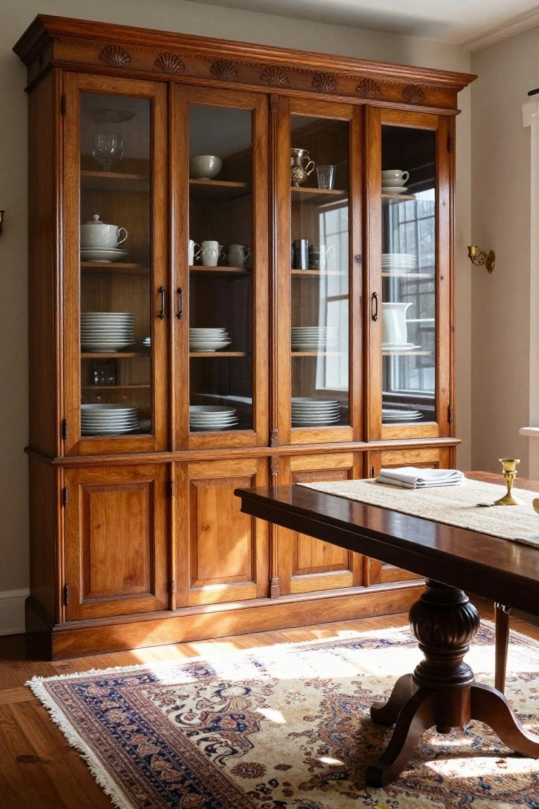 A tall wooden china cabinet with glass upper doors and carved shell details on top holds stacks of white dishes and glassware next to a dark dining table.