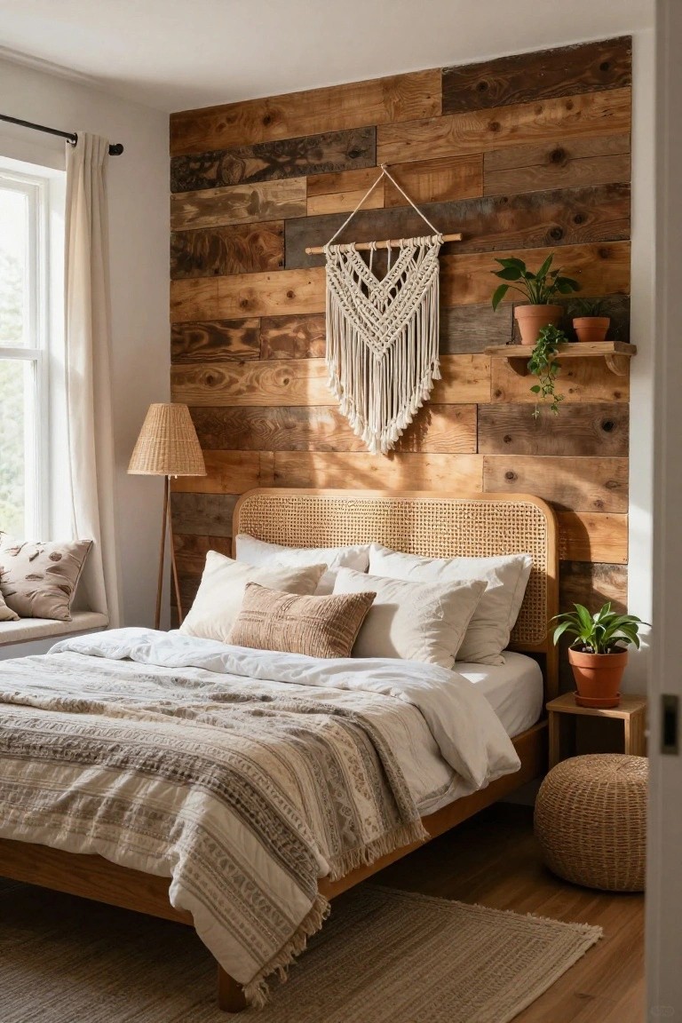 A bedroom with a bed centered against a wall covered in horizontal reclaimed wood planks of varying brown tones, with a macrame hanging centered above the headboard.