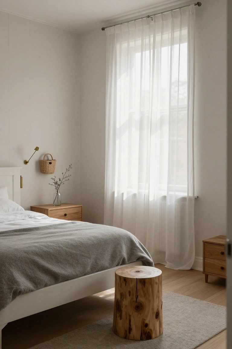 Minimalist bedroom with white bed, gray blanket, wooden stump stool, and sheer curtains
