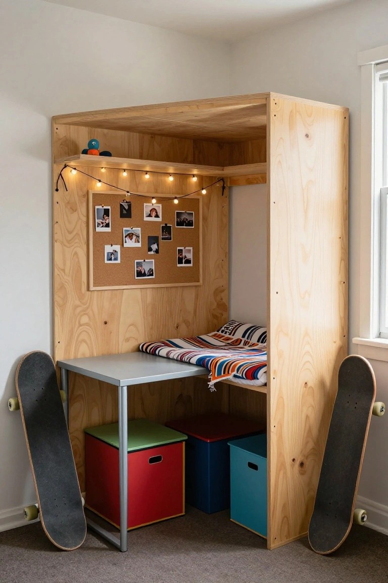 A light wood built-in alcove in a bedroom contains a bed with striped bedding, a small desk, a corkboard with photos, string lights, and colorful storage bins below, with two skateboards leaning against the outer walls.