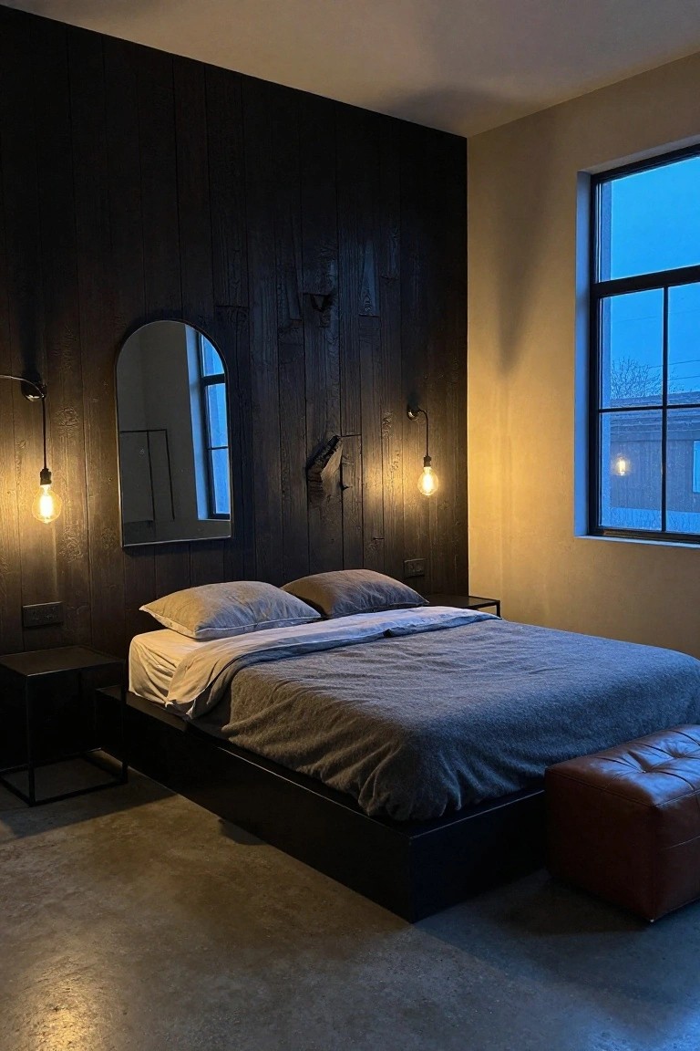 A bedroom featuring a dark wood accent wall behind a bed with gray bedding, two wall sconces, and an arched mirror on the left.
