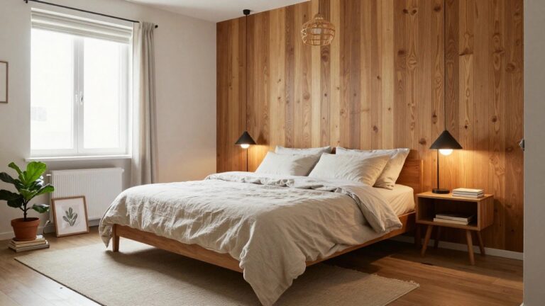 21 Beautiful Wood Accent Wall Bedroom Ideas Centered Around the Bed Wall A bedroom featuring a vertical wood plank accent wall behind a low wooden bed with white bedding and a woven pendant light.