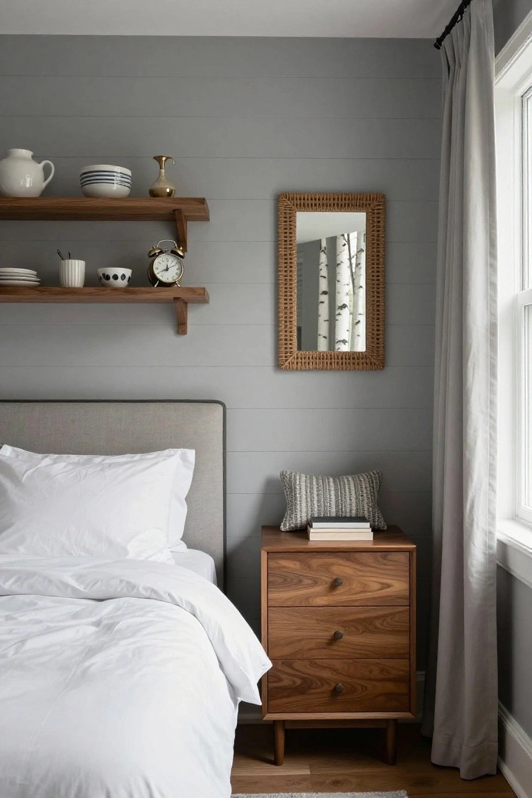 A bedroom featuring a gray horizontal shiplap wall behind a bed with white linens, two wooden floating shelves holding dishes and an alarm clock, a woven mirror, and a wooden three-drawer nightstand.