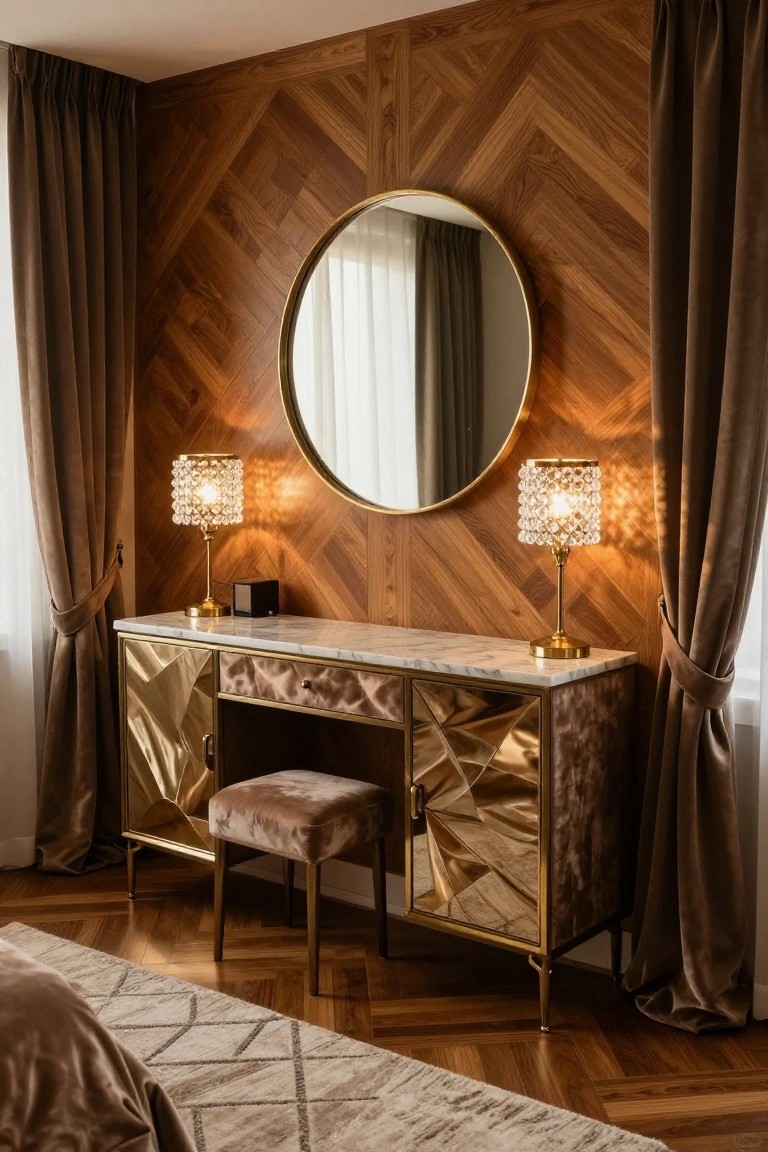 A bedroom vanity area with a herringbone wood accent wall, round mirror, marble console, and two crystal lamps.