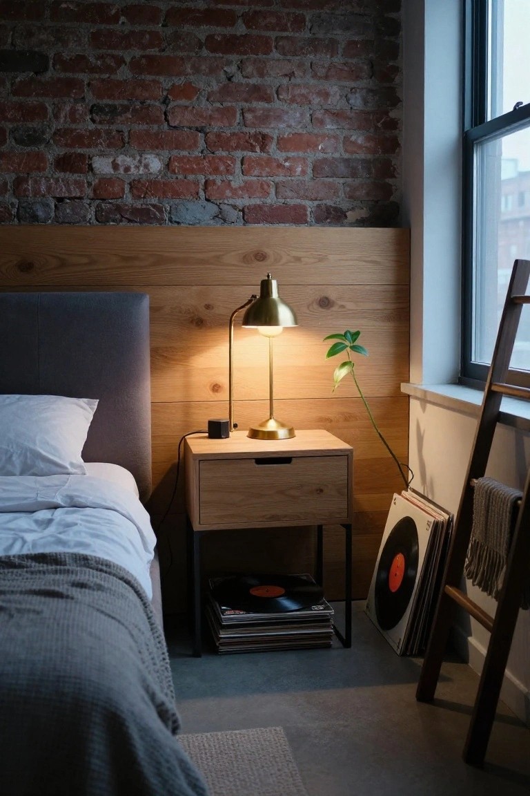 A bedroom with a bed against a light wood horizontal accent wall topped by exposed brick, a wooden nightstand with a lit lamp, and vinyl records stored below.