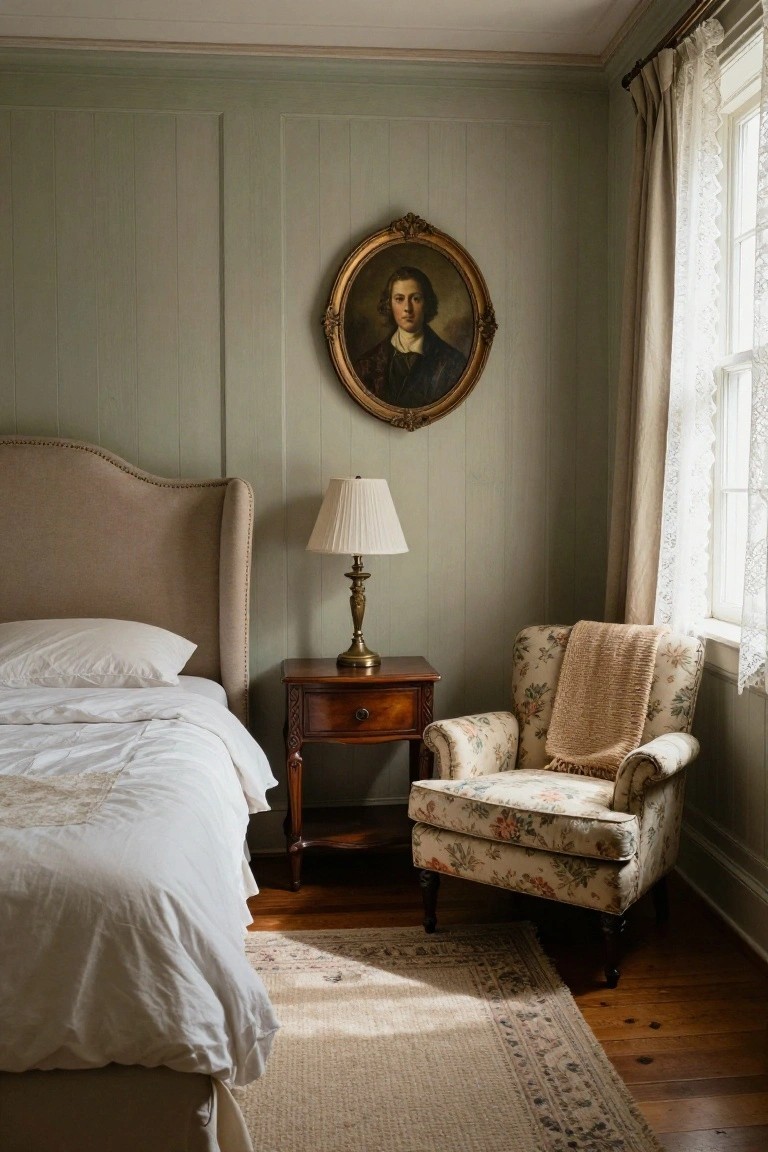 A bedroom interior showing a bed against a wall with vertical wood paneling painted in a muted green, a wooden nightstand with a lamp, a framed portrait above it, and a floral armchair near a window.