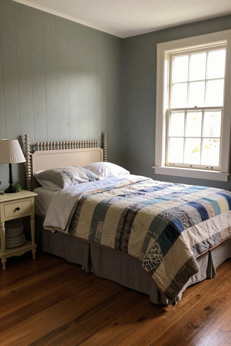 A bedroom with a bed centered against a wall of vertical wood paneling painted soft green-gray, hardwood floors, and a window on the right side.