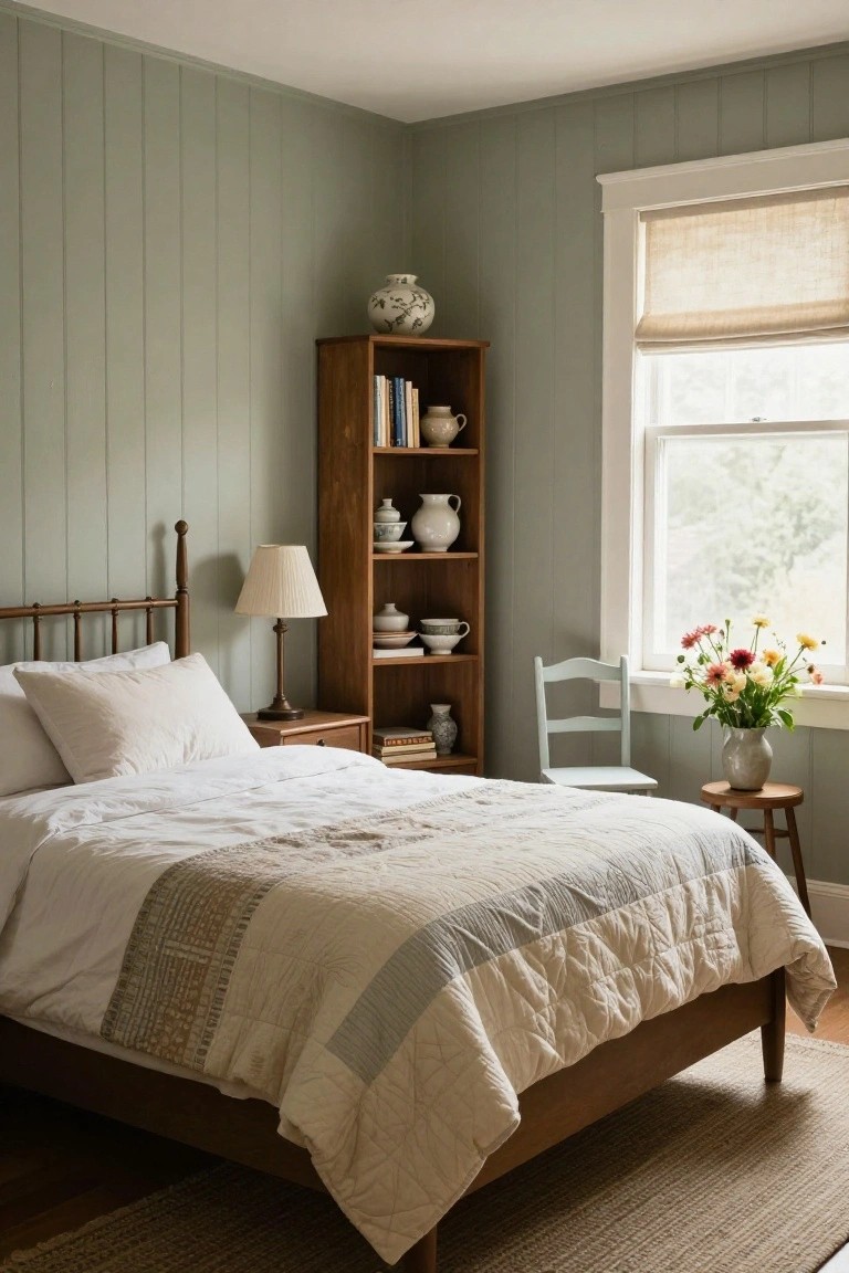 Cozy bedroom with wooden bed, white quilt, bookshelf, and window with flowers