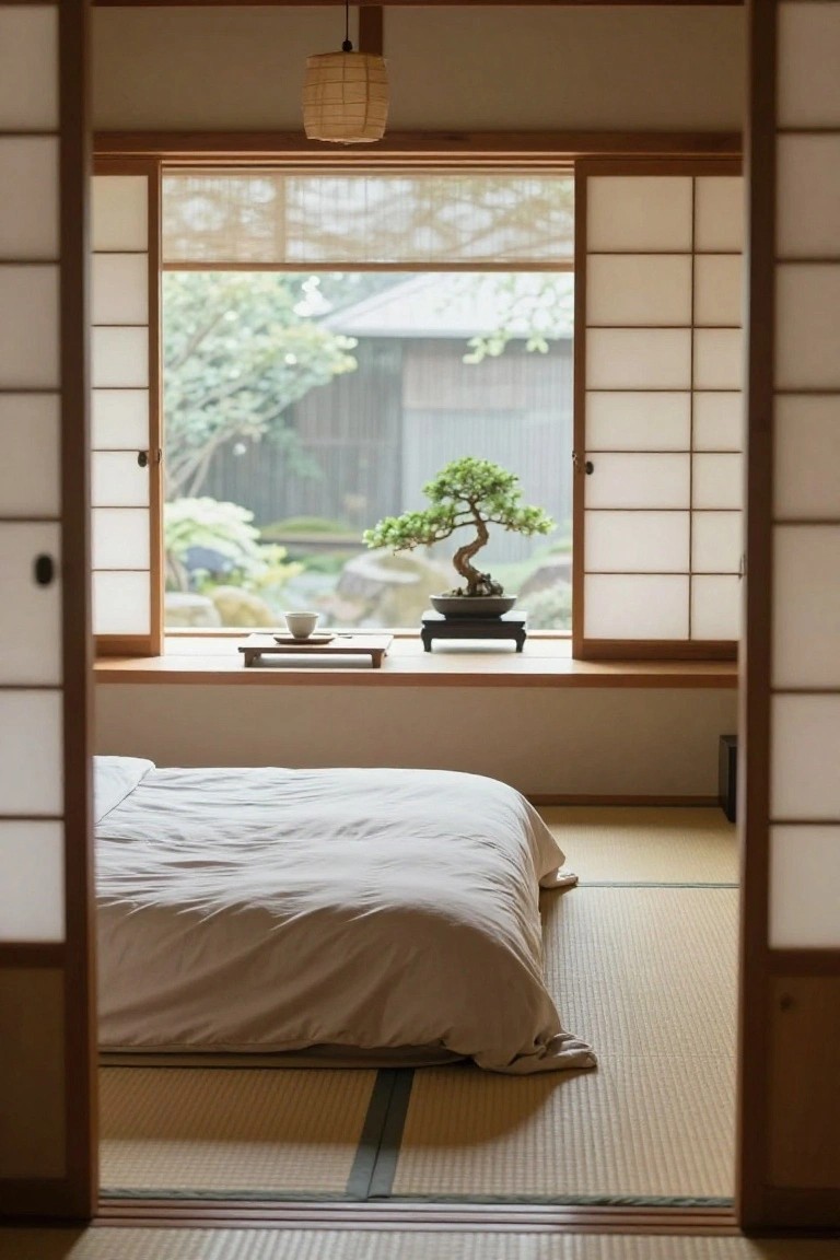 A bedroom with a low bed on tatami mats viewed through open wooden shoji screens, a bonsai on the windowsill, and a large window behind.
