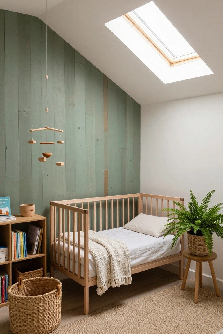 A light wood crib sits against a green painted wood plank accent wall in a bedroom with a skylight, woven baskets, and a small plant on a stool.