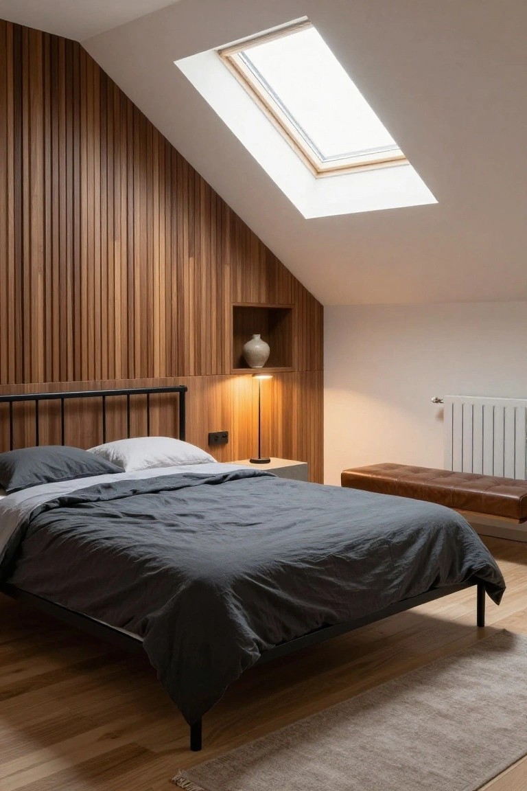 A bedroom with a black metal bed against a vertical wood slat accent wall, a skylight overhead, and a small built-in shelf with a vase.