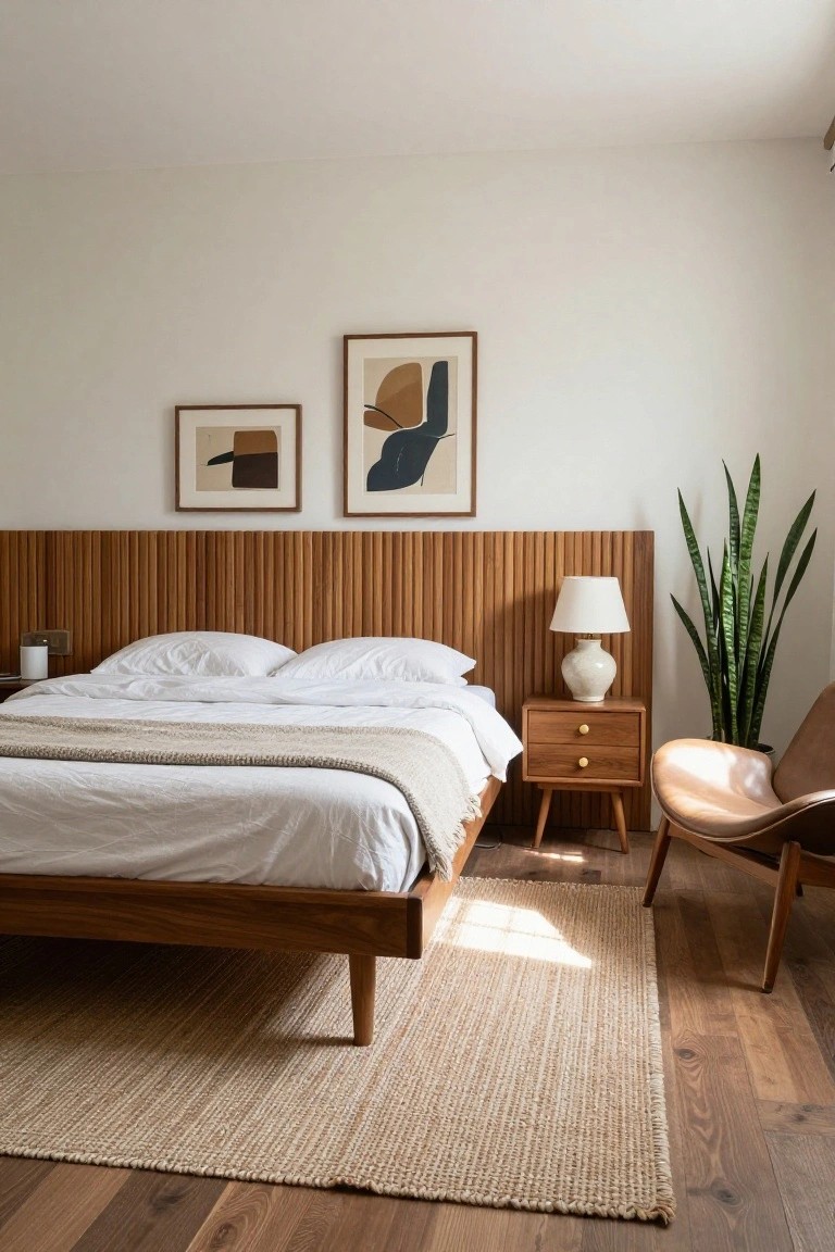 A bedroom featuring a vertical wood slat accent wall behind a bed with white linens, a wooden nightstand with a lamp, a woven rug on hardwood floors, and a leather chair beside a tall plant.