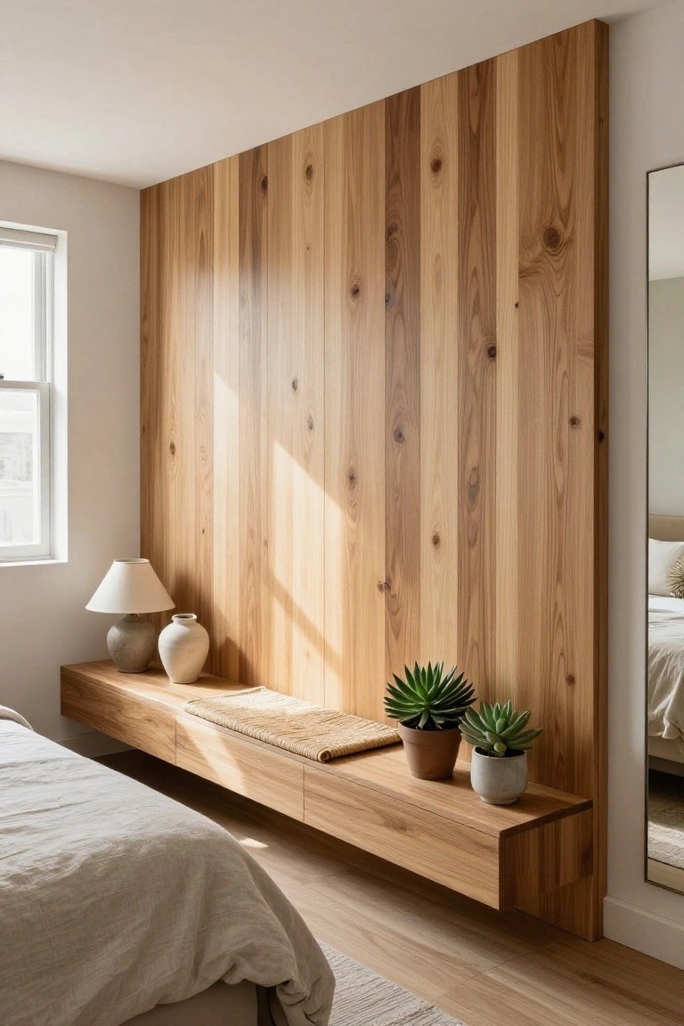 A bedroom with a tall vertical wood accent wall and a long floating wooden shelf holding vases, a woven mat, and two potted succulents, positioned above a bed with white bedding.