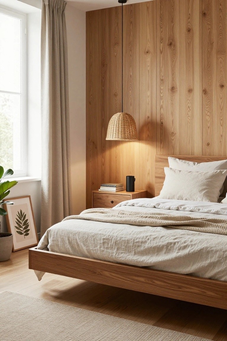 A bedroom featuring a vertical wood plank accent wall behind a low wooden bed with white bedding and a woven pendant light.