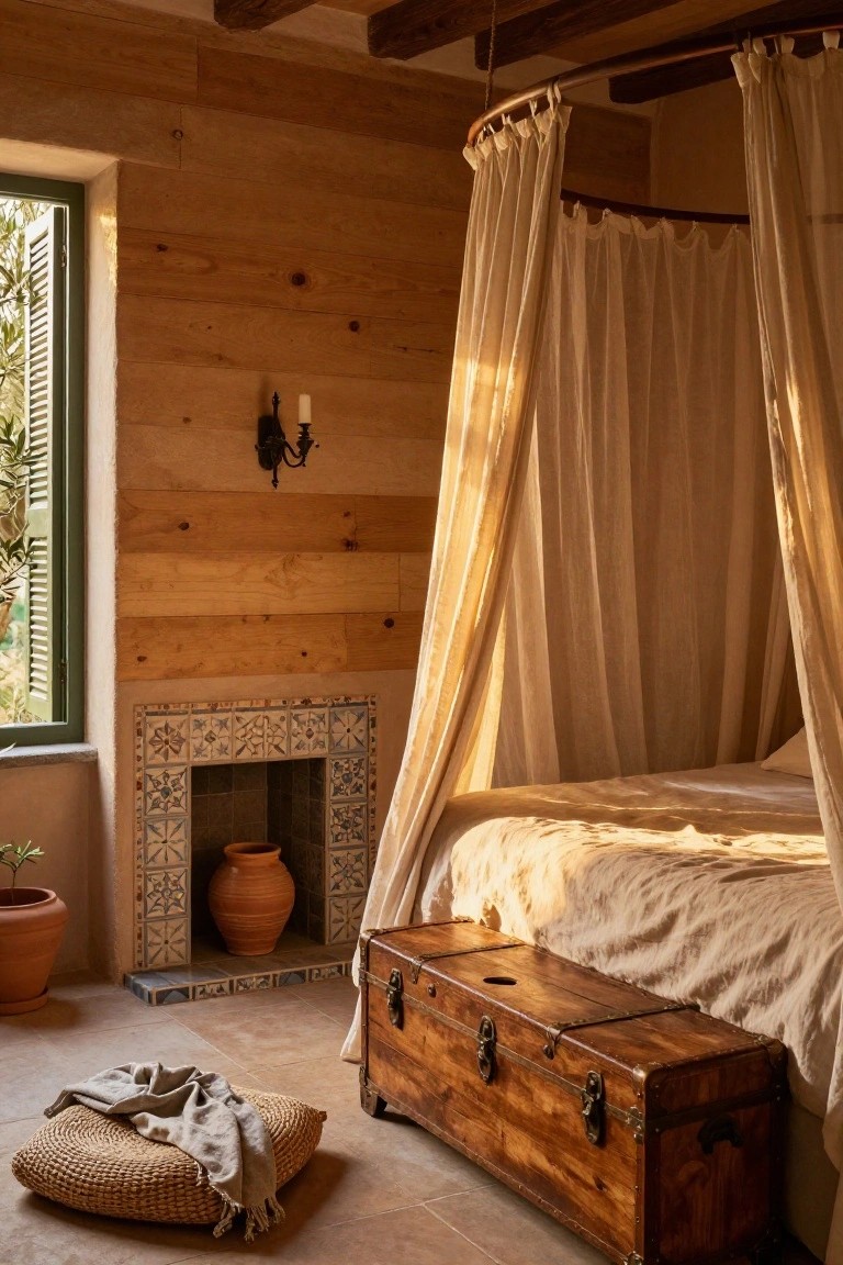 Rustic bedroom with sheer canopy bed, wooden trunk, tiled fireplace, and woven pouf.