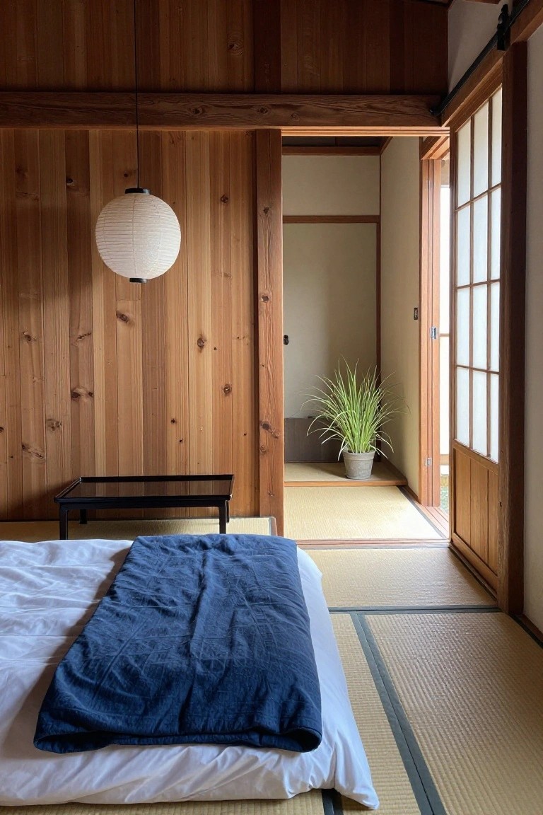 A bedroom featuring a low bed with white sheets and a blue cover against vertical wood plank walls, a hanging paper lantern, and an open sliding door revealing an adjacent tatami room with a potted plant.