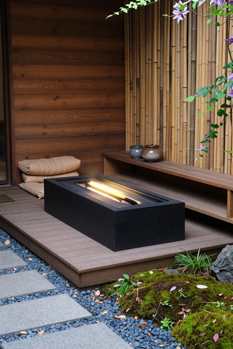 A rectangular black fire pit with a flame sits on a wooden deck beside a bamboo screen, with moss and stepping stones visible in the foreground.
